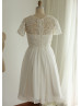 Lace Chiffon Short Sleeves Knee Length Wedding Dress